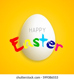 Easter egg with a colorful title on yellow background. Vector illustration. Easter Egg Hunt poster.