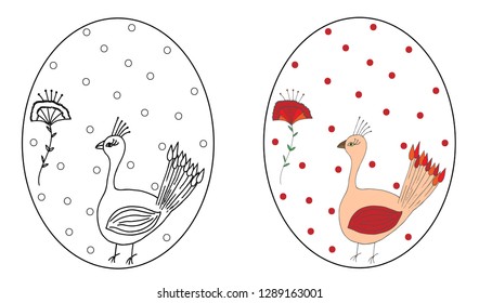 Easter egg coloring book with beautiful flower and bird. Easter egg with flower.