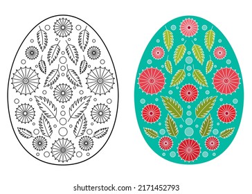 Easter egg coloring page. Contour design with doodle elements. Colorful and monochrome versions of the Easter holiday decor.