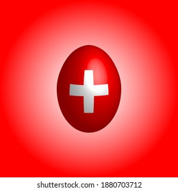 Easter egg in the colors of the Swiss flag. Switzerland flag. Easter chicken egg. Christian religion and culture. Christian cross. Swiss symbol. Religious holiday. Switzerland holidays.