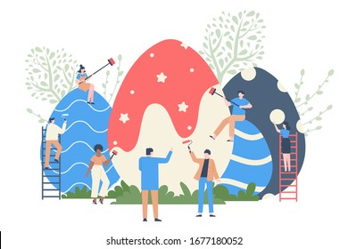 Easter Egg Colouring. Spring Event Eggs Decorating, Characters Paint Huge Easter Eggs, Spring Holiday Colorful Chocolate Egg Vector Illustration. Easter Spring Event, Egg Decoration For Holiday