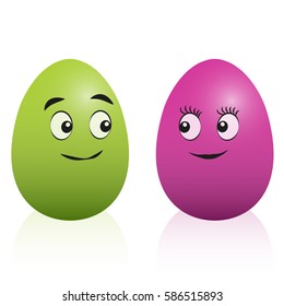 Easter egg comic couple with smiling faces - male green and pink female egg looking at each other. Isolated vector cartoon illustration on white background.