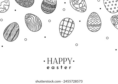 Easter egg composition in doodle style. Banner background. Hand drawn illustration. Easter vector border in doodle style.