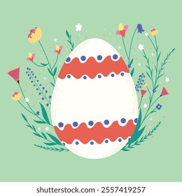 Easter egg. Composition of egg with herbs and plants. Egg with patterns. Isolated on monochrome background. Vector image. Perfect for Easter holiday design.