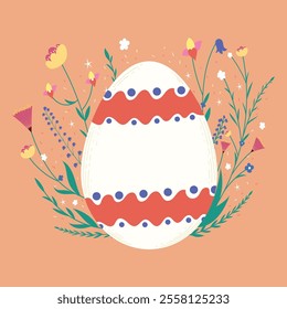 Easter egg. Composition of egg with herbs and plants. Egg with patterns. Isolated on monochrome background. Vector image. Perfect for Easter holiday design.