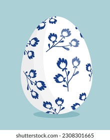 Easter egg concept. Blue ornament on white egg. Symbol of spring season. Traditional religion holiday. Template, layout and mock up. Cartoon flat vector illustration isolated on blue background