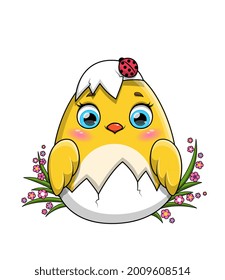 Easter egg concept. Cute little yellow Easter chicken hatching from an egg framed by dainty pink spring flowers, colored flat cartoon vector illustration isolated on white for use as a design element