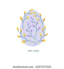 Easter egg, congratulations on the holiday of Easter. A cute Easter egg is painted with a delicate yellow and lilac ornament of mimosa flowers on an isolated background. Hand lettering "Happy Easter"