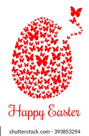 Easter egg consists of flying butterflies isolated on a white background. Design element for Easter. Flock of butterflies in the shape of Easter egg. Happy Easter. Vector greeting card