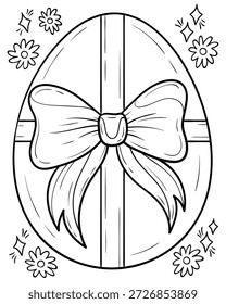 Ovo de Páscoa com uma página de coloração de arco de coquette, símbolo tradicional da ilustração de Páscoa, desenho de linha preto e branco, ilustração festiva, arte de linha de férias de primavera