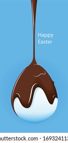 Easter egg covered with liquid dark milk chocolate.  Melted chocolate flows from the egg.  Happy Easter text. Greeting card in vector.