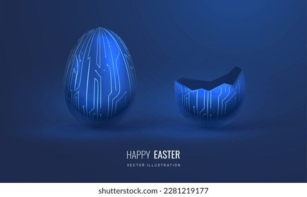 Easter egg with cracked shell in tech digital style. Set of whole and broken eggs with circuit board pattern - element for design. Light effect vector illustration