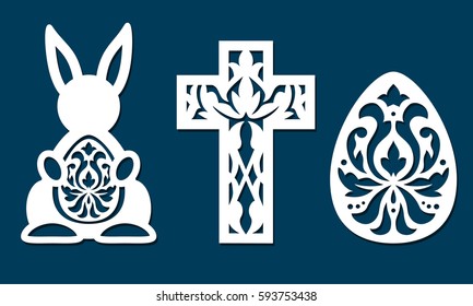 Easter Egg, Cross And Rabbit Shapes With Pattern. Template Easter Bunny Hunt Element For Laser Cutting Or Printing. Die Cut Design.