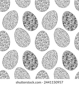 El cristal de huevo de Pascua dibujado a mano elementos de geometría sin patrón para la artesanía de papel, diseño de tela. Fondo blanco y negro para colorear la página