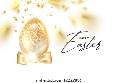 Easter egg with curves of ribbon confetti. Golden confetti egg on the white background. Holiday card. Template for your design. Vector illustration.