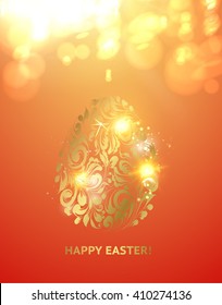 Easter egg with curves of ribbon confetti. Golden confetti  egg on the background. Happy easter. Holiday card. Template for your design. Vector illustration.
