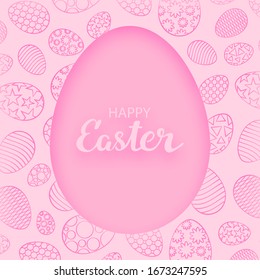 Easter egg cut out of paper in layers. In pink colors. With an inscription in the center. Congratulatory frame, postcard. For your design.
