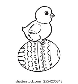 Easter egg with cute baby chicken line art vector