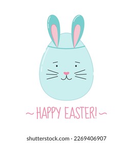 Easter Egg with cute bunny face in flat style. Festive colorful egg character with rabbit ears. Vector illustration isolated on white background