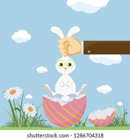 Easter egg and cute bunny. Festive background with meadow and flowers. Vector illustration