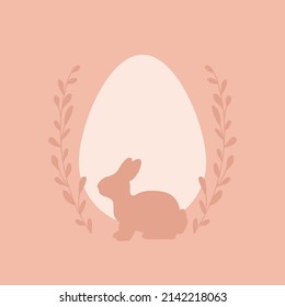 Easter egg with cute bunny silhouette and branches on pastel background - traditional symbol of holiday. Simple eggs hunt - vector illustration. Minimalistic design for card, banner or poster.