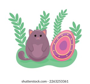 Easter egg and cute cat on white background