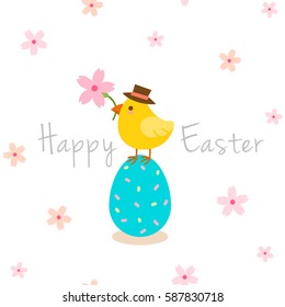 Easter egg and cute chick with cherry flower pattern.