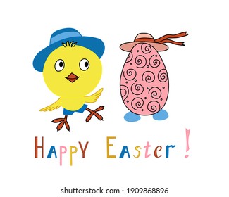 Easter egg and cute chicken. Festive vector illustration with the inscription: Happy Easter