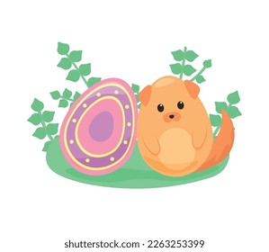 Easter egg and cute dog on white background