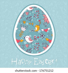 Easter egg cute floral card with flowers and lovely birds