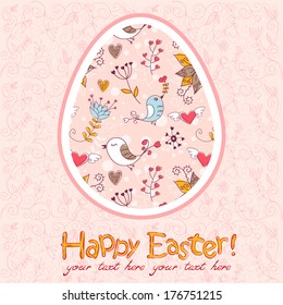 Easter egg cute floral card with flowers and lovely birds