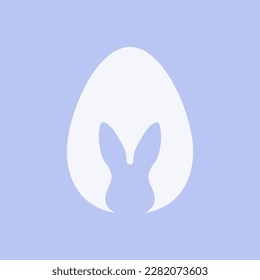 Easter egg with cute little bunny silhouette on blue bright background - traditional symbol of holiday. Simple eggs hunt - vector illustration. Minimalistic design for card, banner or poster.