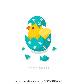 Easter egg with cute little chick on white background