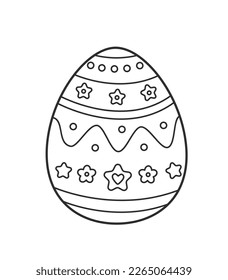 Huevo de Pascua con adorable página de colorear adorable. Ornamento de flores, estrellas y corazones. Ilustración vectorial del libro de colorantes antiestrés.
