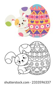 Easter egg cute vector illustration cartoon isolated on white background. Easter egg and bunny vector colored and colorless. Cute coloring page for kids. 