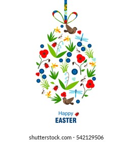 The Easter egg with daffodils, birds, poppies, lily ,dragonflies, ants, cornflowers and ladybug. Vector illustration