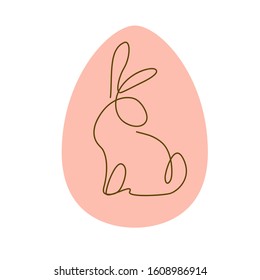 Easter egg decor design with outline bunny character silhouette sitting isolated. Line art icon. For holiday cards, prints, banner design decor etc. Flat style, vector illustration.