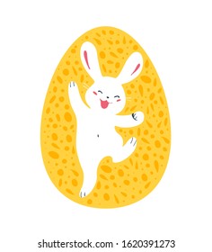 Easter egg decor design with white bunny character silhouette jumping isolated. For holiday cards, prints, banner design decor etc. Flat style, vector illustration.