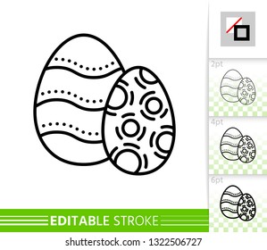 Easter egg decorate thin line icon. Holiday poster. Spring banner in flat style. Simple illustration, outline symbol. Linear pictogram. Vector sign isolated on white. Editable stroke icon without fill
