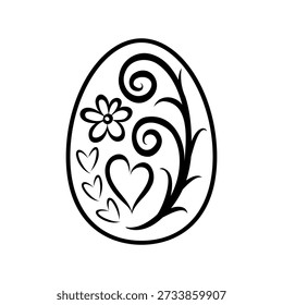 Huevo de Pascua decorado con flores abstractas y corazones, Ilustración vectorial estilo doodle. Arte de línea dibujado a mano minimalista que expresa la primavera, concepto de diseño lúdico, simbólico y creativo.