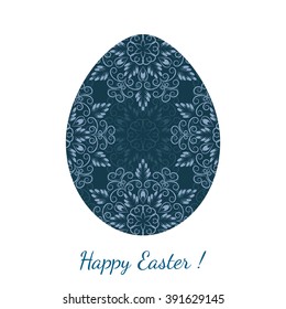 Easter egg decorated with a blue floral seamless ornament with curls over white. Element for your holiday and other festive projects. Seamless pattern in swatch panel included.