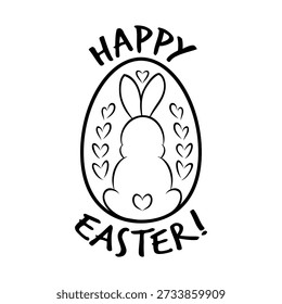Easter egg decorated with a bunny silhouette and small hearts and Happy Easter lettering text. Minimalist hand drawn monochrome vector illustration expressing Easter holiday mood concept.