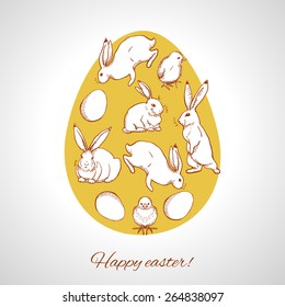 Easter egg, decorated with figures of bunnies and chickens