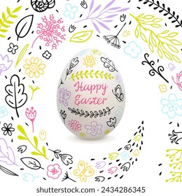 Easter egg decorated with floral ornament on spring floral background