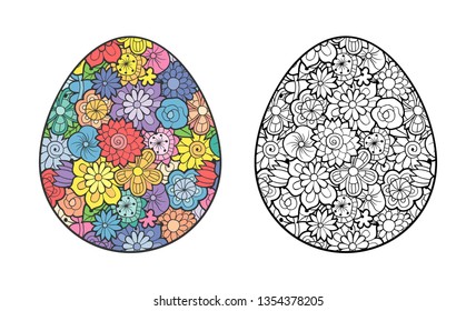 Easter egg decorated with floral pattern. Outline and colored version