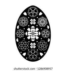 Easter Egg Decorated with Flowers. Black and White Vector Illustration