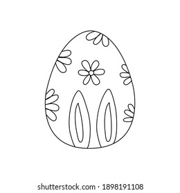 Easter egg decorated with flowers and bunny ears. Traditional food for the Orthodox and Catholic holidays. Happy easter. Black and white doodle vector illustration isolated. Icon or card