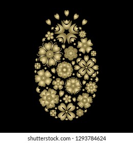 Easter Egg Decorated with Flowers. Gold Vector Illustration on Black Background. Easter egg for greeting card, decoration of leaflets, letters, posters, advertisements. Made in gold classic colors.