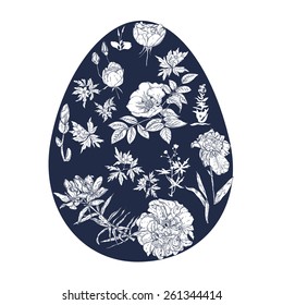 Easter egg, decorated with flowers and herbs, card, monochrome
