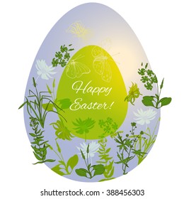 Easter egg, decorated with flowers and herbs, card